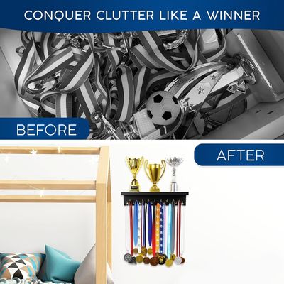 Wooden Trophy Display Home Appliance Medal Hanger and Trophy Shelf with Hooks