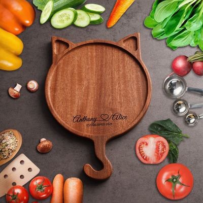7''8''10'' Irregular Wooden Round Cat Display Plate Handmade Solid Wood Pizza Plate