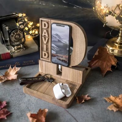 Wooden Phone Stand for Personalized Anniversary Gifts Rustic Style Wooden Docking Station