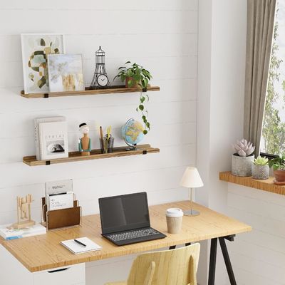 Wall Mounted Multifunctional Wood Shelf with Metal Bracket Set of 2 Picture Ledges