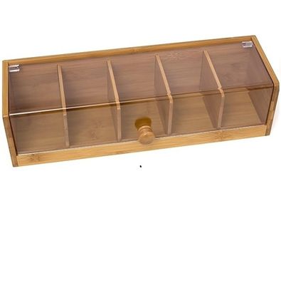 Custom Service 14 X 5 X 3 Inch 5 Sections Bamboo Wood Acrylic Tea Box in Plain Color