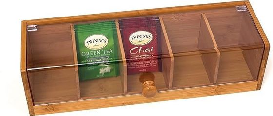 Custom Service 14 X 5 X 3 Inch 5 Sections Bamboo Wood Acrylic Tea Box in Plain Color