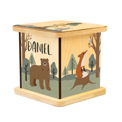 Wooden Piggy Bank in Plain Color with Customizable Woodland Animals Design