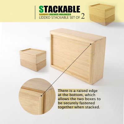 Gift Package Set Of 2 10.2X7.3Inch Stackable Bamboo Drawer Organizer Laminated Storage Box Tray