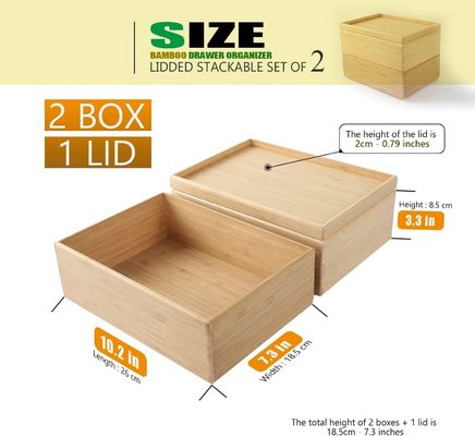 Gift Package Set Of 2 10.2X7.3Inch Stackable Bamboo Drawer Organizer Laminated Storage Box Tray