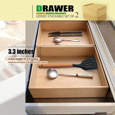 Gift Package Set Of 2 10.2X7.3Inch Stackable Bamboo Drawer Organizer Laminated Storage Box Tray