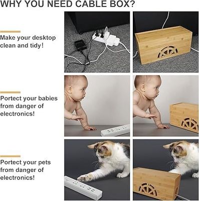 Embossing Wooden Magnetic Large Small Bamboo Cord Organizer Cable Management Box for Home
