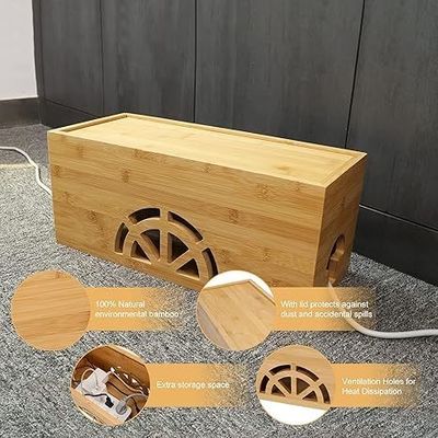 Embossing Wooden Magnetic Large Small Bamboo Cord Organizer Cable Management Box for Home