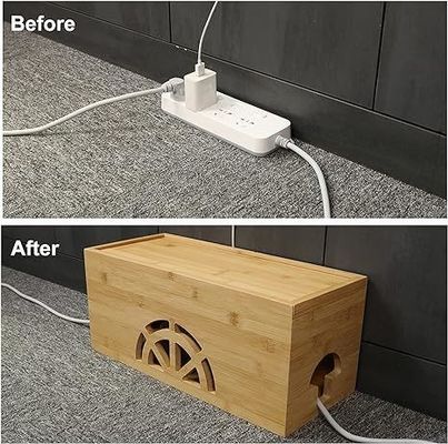 Embossing Wooden Magnetic Large Small Bamboo Cord Organizer Cable Management Box for Home