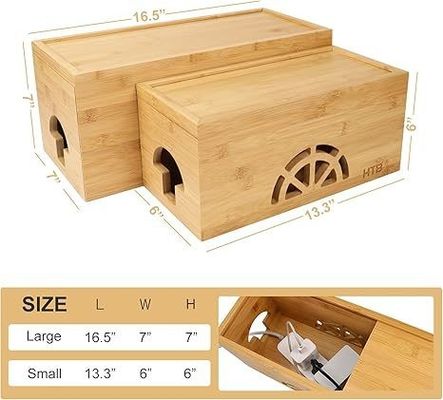 Embossing Wooden Magnetic Large Small Bamboo Cord Organizer Cable Management Box for Home