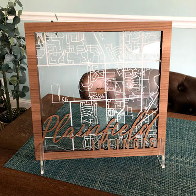 Custom Engraved Rectangular or Square Acrylic and Wood Map for Wedding or Anniversary