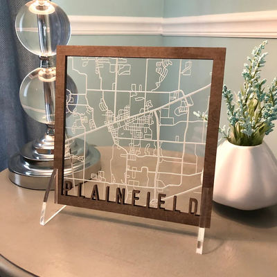 Custom Engraved Rectangular or Square Acrylic and Wood Map for Wedding or Anniversary