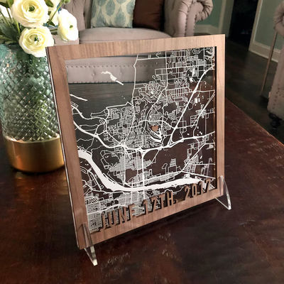 Custom Engraved Rectangular or Square Acrylic and Wood Map for Wedding or Anniversary