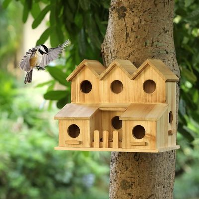 Handmade Wooden Bird House with 8 Holes Sliding Lid Style Unfinished Birch Wood Color