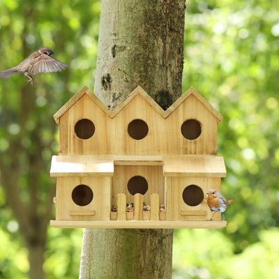 Handmade Wooden Bird House with 8 Holes Sliding Lid Style Unfinished Birch Wood Color