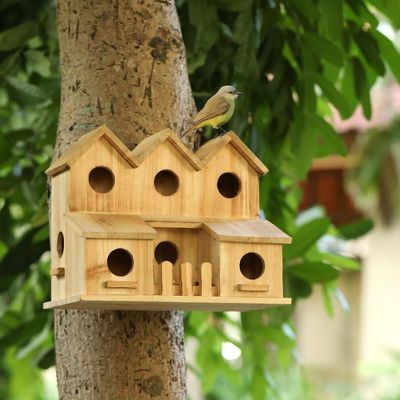 Handmade Wooden Bird House with 8 Holes Sliding Lid Style Unfinished Birch Wood Color