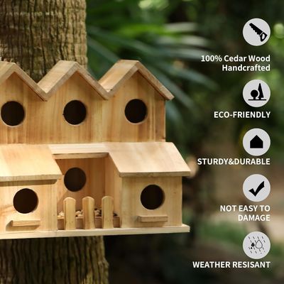 Handmade Wooden Bird House with 8 Holes Sliding Lid Style Unfinished Birch Wood Color