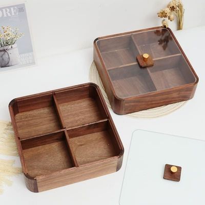 Wooden Double Layer Fruit Plate with Transparent Cover Wooden Dried Fruit Box in Brown