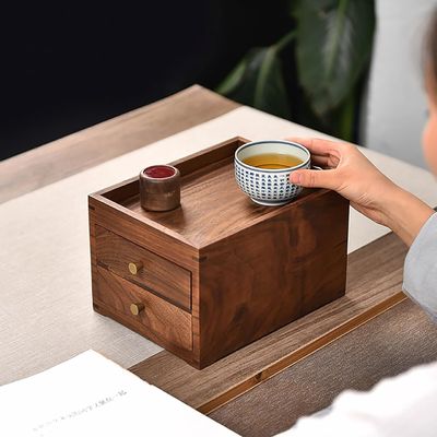 Silk-screen Printed Wooden Desktop Storage Box with Double Layers Drawers and More