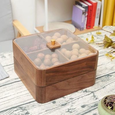 Wooden Double Layer Fruit Plate with Transparent Cover Wooden Dried Fruit Box in Brown