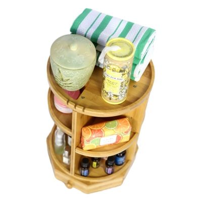 202407 Adjustable Shelves and Drawer Bamboo Rotating Makeup Organizer Household Items