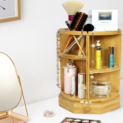 202407 Adjustable Shelves and Drawer Bamboo Rotating Makeup Organizer Household Items