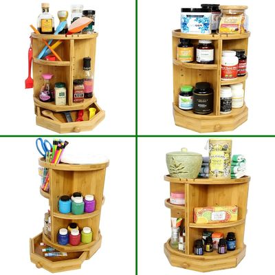 202407 Adjustable Shelves and Drawer Bamboo Rotating Makeup Organizer Household Items