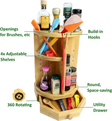 202407 Adjustable Shelves and Drawer Bamboo Rotating Makeup Organizer Household Items