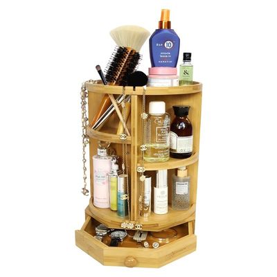 202407 Adjustable Shelves and Drawer Bamboo Rotating Makeup Organizer Household Items