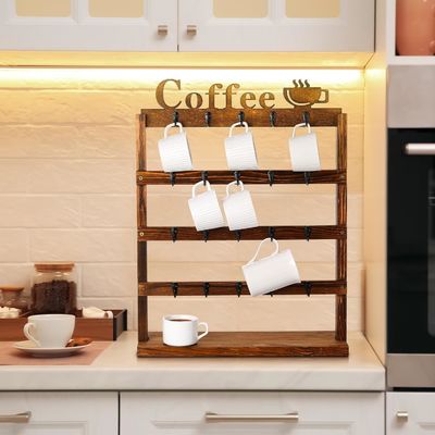 Rustic Vintage Wood Coffee Mug Storage Rack 4 Tier Wooden Counter top Cup Holder
