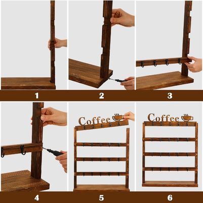 Rustic Vintage Wood Coffee Mug Storage Rack 4 Tier Wooden Counter top Cup Holder
