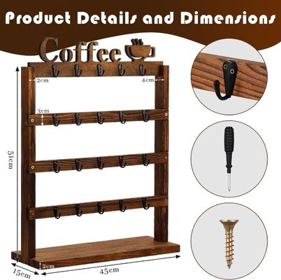 Rustic Vintage Wood Coffee Mug Storage Rack 4 Tier Wooden Counter top Cup Holder