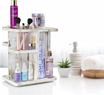 Rotating Carousel Makeup Organizer for Cosmetics and Skin Care in Custom Rustic White Wood