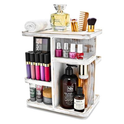 Rotating Carousel Makeup Organizer for Cosmetics and Skin Care in Custom Rustic White Wood