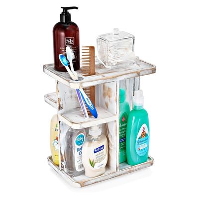 Rotating Carousel Makeup Organizer for Cosmetics and Skin Care in Custom Rustic White Wood