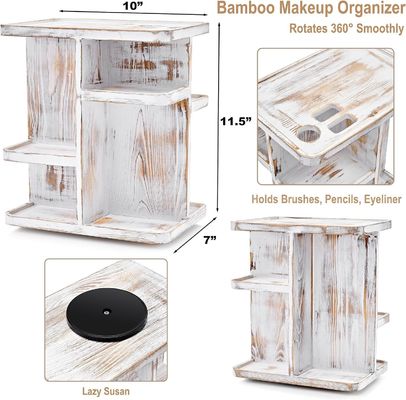 Rotating Carousel Makeup Organizer for Cosmetics and Skin Care in Custom Rustic White Wood