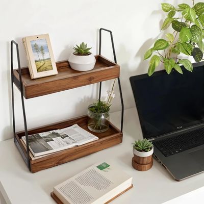 Folded Yes Acacia 2-Tier Bathroom Organizer Wooden Storage Shelf for Bathroom Kitchen