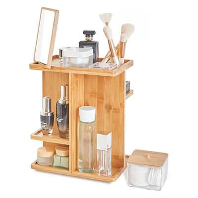 Carved Bamboo Wood Makeup Organizer and Skincare Storage for a Clutter-Free Vanity