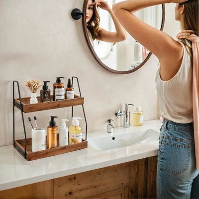 Folded Yes Acacia 2-Tier Bathroom Organizer Wooden Storage Shelf for Bathroom Kitchen