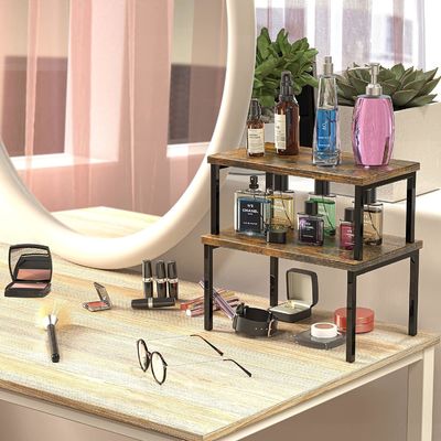 Availbale OEM ODM Set of 2 Expandable Counter Shelf in Rustic Brown for Space Saving