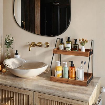 Folded Yes Acacia 2-Tier Bathroom Organizer Wooden Storage Shelf for Bathroom Kitchen
