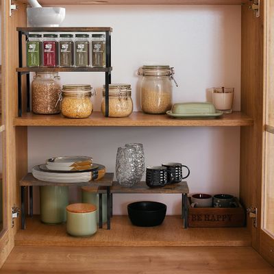 Availbale OEM ODM Set of 2 Expandable Counter Shelf in Rustic Brown for Space Saving