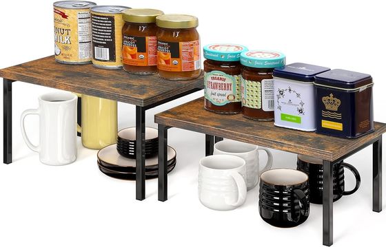 Availbale OEM ODM Set of 2 Expandable Counter Shelf in Rustic Brown for Space Saving