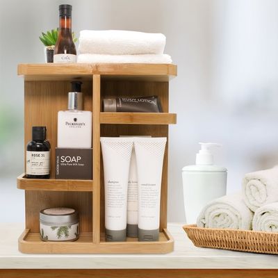 Versatile Makeup Organizer Bamboo Wood Make Up Storage Carousel for Skin Care Load ≤5kg