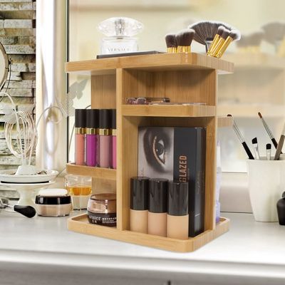 Versatile Makeup Organizer Bamboo Wood Make Up Storage Carousel for Skin Care Load ≤5kg