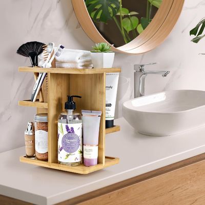 Versatile Makeup Organizer Bamboo Wood Make Up Storage Carousel for Skin Care Load ≤5kg