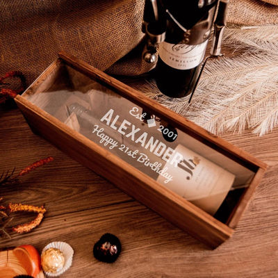 Personalised Housewarming Gift Engraved Clear Acrylic Lid Rustic Pine Wood Wine Box