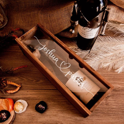 Personalised Housewarming Gift Engraved Clear Acrylic Lid Rustic Pine Wood Wine Box