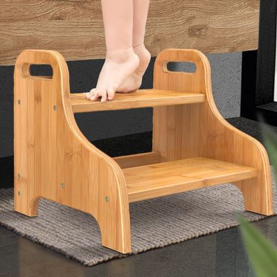 202406 Bamboo Learning Tower Wood 2 Step Stool with Bonus Safety Non-Slip Mats and Handles Reinforced for Gift Craft