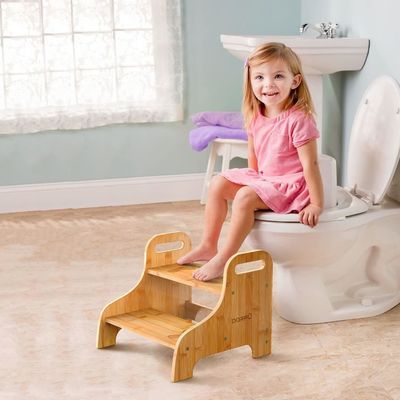 202406 Bamboo Learning Tower Wood 2 Step Stool with Bonus Safety Non-Slip Mats and Handles Reinforced for Gift Craft